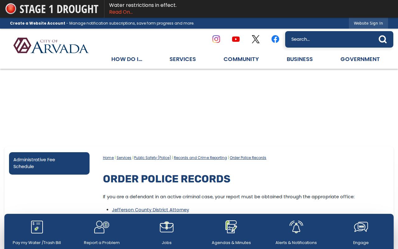Arvada criminal history police records ordering page