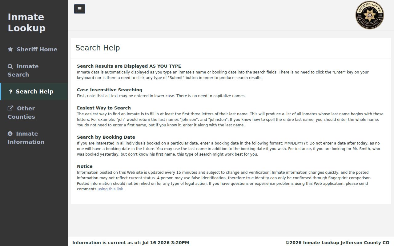 Jefferson County arrest history current inmate lookup