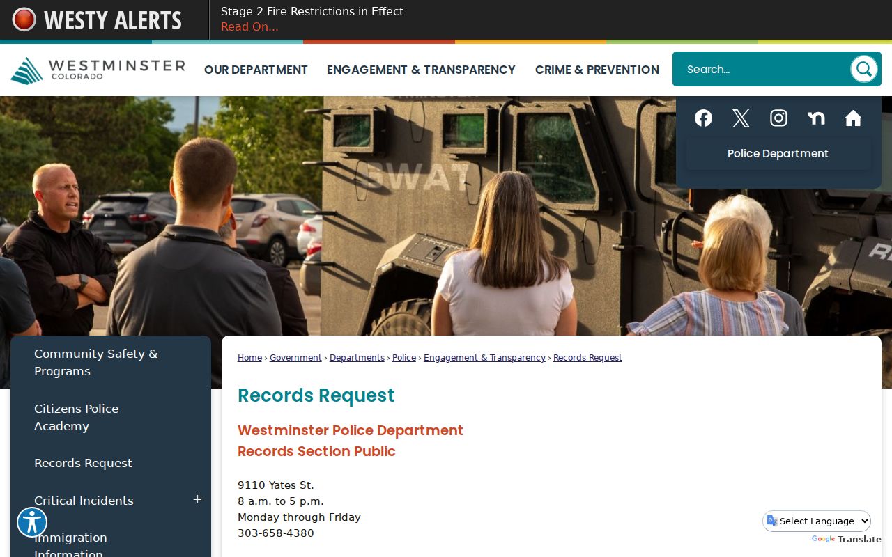 Westminster criminal history police records request page